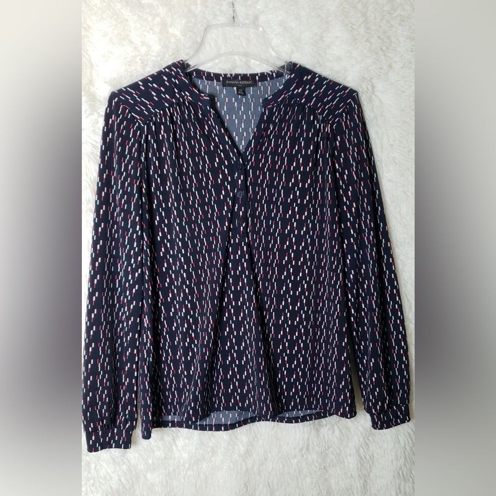 Banana Republic Navy Blue W/ Pink White Stretchy Popover Geometric Print Size XS